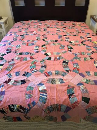 Vintage Hand Sewn Wedding Ring Quilt Top - Salmon Pink Background