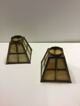 Arts And Crafts,  Mission Era Slag Glass And Brass Lamp Shades
