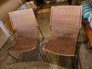 2 Vintage Mid Century Frederick Weinberg Wicker Wrought Iron Scoop Lounge Chairs
