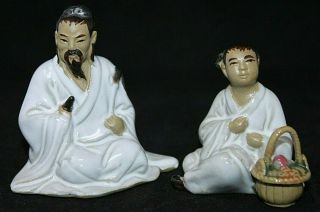Vintage Pair " Mud Man " China Glazed Clay Figurines,  Man Woman White Glaze,  Epoc