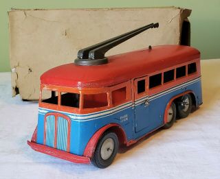 Early Joustra Toys France Tin Litho Wind - Up Trolley Bus 50 