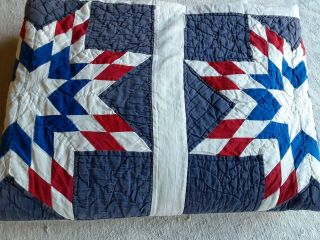 Vintage Handmade Red White Blue Quilt 8 Point Star Hand Stitched Quilting 66x82