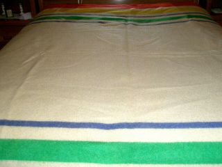 Vintage Wool Blanket Stripes 76 X 92 Blue Yellow Green Red Beige