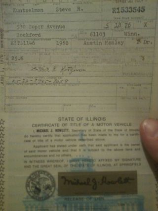 Vtg Car Title Illinois 1960 Austin Healey 2 Dr Historical Document