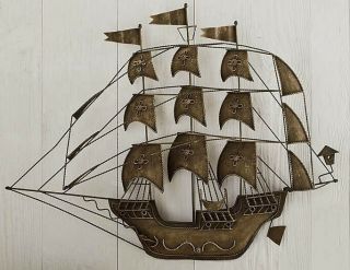 Mid - Century Brutalist 3 - D Metal Wall Art Clipper Tall Ship Galleon Bronze Finish