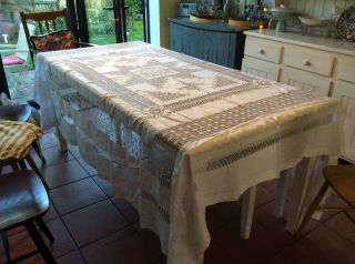 Stunning Vintage Fine Crochet Lace And Hand Embroidered L Tablecloth/bedspread,