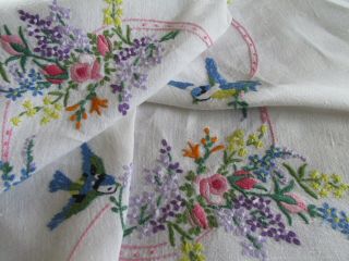 Vintage Hand Embroidered Linen Tablecloth - Exquisite Blue Tit Birds & Floral 