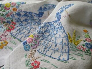 Vintage Hand Embroidered Linen Tablecloth - Exquisite Crinoline Ladies & Floral 