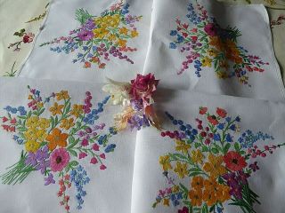 Vintage Hand Embroidered Tablecloth=exquisite Floral Bouquets Roses/pansies
