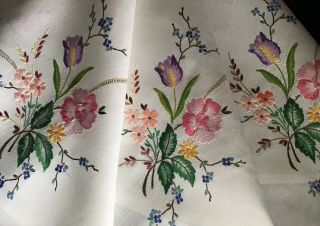 Stunning Vintage Irish Linen Hand Embroidered Tablecloth Gorgeous Florals