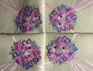 Gorgeous Vintage Hand Embroidered Tablecloth Lovely Pink Ribboned Posies