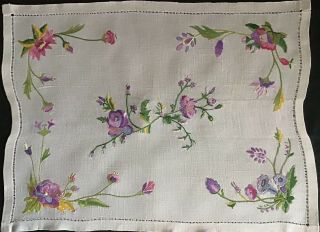 Gorgeous Vintage Linen Hand Embroidered Tray Cloth Florals