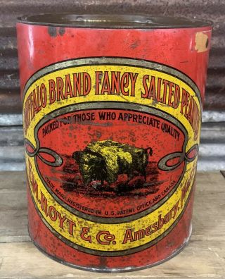 Rare Antique Vtg 20s Buffalo Brand Salted Peanuts Tin Advertising 11lb Bison Can