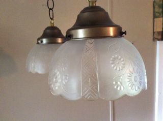 Vintage Pair Victorian Pendant Lights Large Etched Glass Shades 1920s Art Noveau