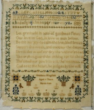 Mid 19th Century Verse & Motif Sampler By Charlotte Wingfield Aged 9 - 1840