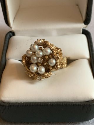 Vintage 14k Gold Pearl And Diamond Ring