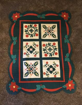 Vtg Hand Stitched Wreath Poinsettia Applique Christmas Quilt Wall Hanging 48x60