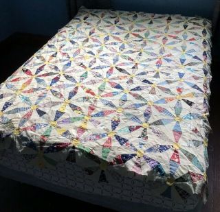 Vintage Feed Sack Quilt Top Multi Color,  Four Squares 62 " X 86 " Hand Pieced