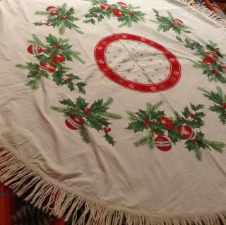 Vintage Christmas 60 " Round Tablecloth Ornaments Holly Berries Snowflakes Fringe