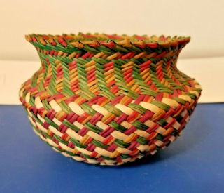 Mexican Hand Woven Multi - Colored Tarahumara Indian Basket - 3 1/2 " X 5 "