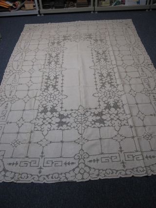 Antique Ivory Linen Tablecloth With Curwork & Embroidery 68 " X 100 " Gorgeous