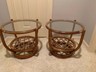 Vtg Mid Century Modern Rattan Bamboo Bentwood End Side Table Glass Top