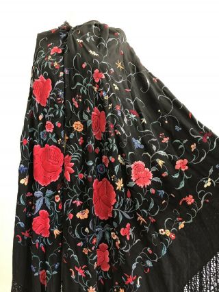Huge Antique Black Silk Embroidered Piano Shawl Florals 62 