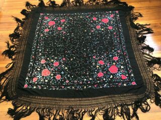 Huge Antique Black Silk Embroidered Piano Shawl Florals 62 