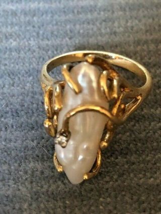 Vintage 14k Gold Ring With Cultured Freshwater Pearl And Diamond