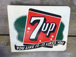Old 7up Seven Up Soda Likes You Painted 2 Sided Advertising Flange Sign 3