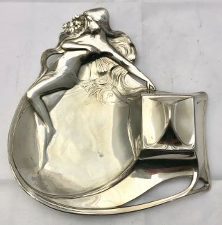 Wmf Art Nouveau Pewter Maiden Inkwell And Pen Tray
