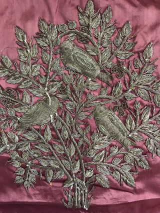 Antique Bird Branch Gold Silver Metallic Thread Hand Embroidery Figural Pillow