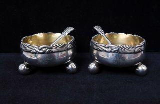 Estate Vintage Pair Tiffany & Co Sterling Silver Gold Wash Salt Dips W/ Spoons