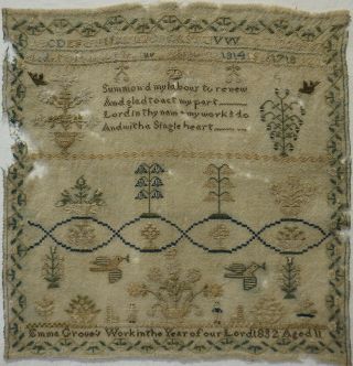 Early 19th Century Figures,  Motif & Verse Sampler By Emma Grove Aged 11 - 1832