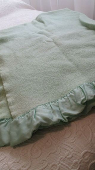 Vintage Faribo 100 Wool Blanket W/ Satin Trim Green 56 " X 74 " Minnesota