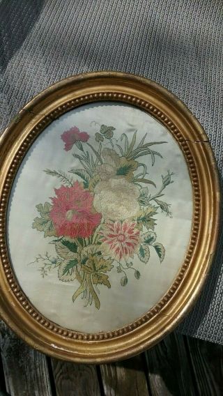 19th Century Oval Framed Silk Embroidery Made In America