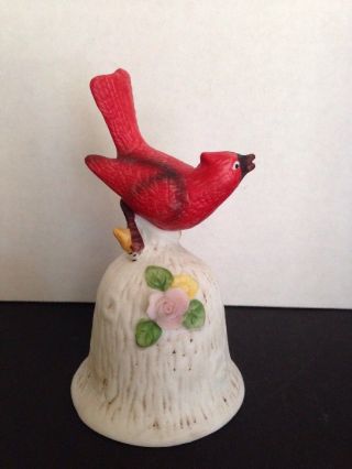Vintage White Porcelain Bell With Red Cardinal Bird And Flowers 4.  75 " Tall - 3
