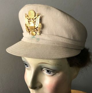 Ww2 Us Army Nurse Cap Tan Service Hat Wool Size 21 1/2 - Wac Woman