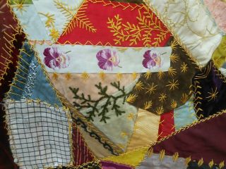Large Victorian Feather Stitched Crazy Quilt With Applique,  Embroidery etc 3