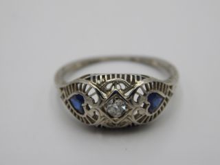 Art Deco.  32 Ct Filigree Old Mine Cushion Cut Diamond Heart Sapphire Ring 18k