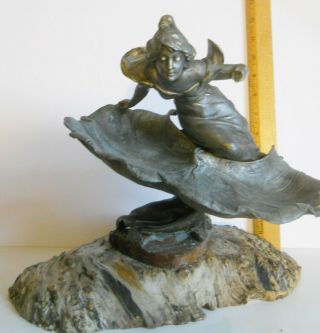 Antique Art Nouveau Candy Dish: Woman Flowing Hair - Metal Figure Wood Mounted