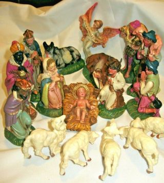 17 Pc Vintage Nativity Set Christmas Manger Scene Figures Made/italy Hand Paint