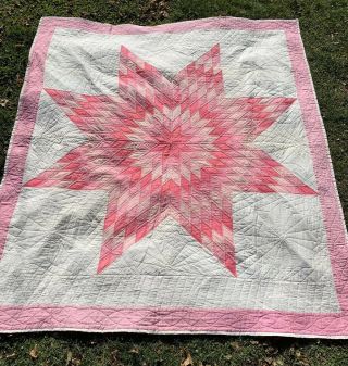 Vintage Pink White Lonestar Texas Star Hand Stitched Handmade Quilt 82” By 94”
