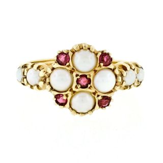 Vintage British 14k Yellow Gold.  15ctw Round Ruby & Pearl Flower Cluster Ring