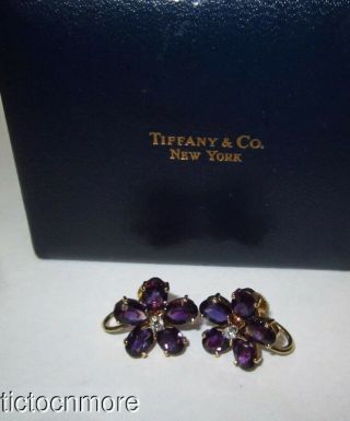 Vintage Tiffany & Co 18k Gold Amethyst & Diamond Flower Earrings Screwback