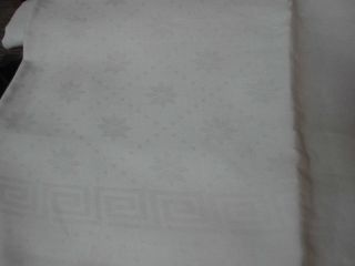Vintage White Irish Linen Damask Tablecloth W Snowflake & Greek Key Border 64x86