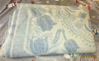 Warm Vintage Blue & White Reversible Thick Wool Blanket Tulips 80x50