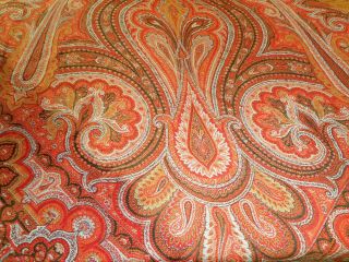Antique 19thc Paisley Wool Fabric Piece 1 Red Tangerine Rust Green Brown