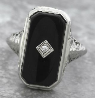 Ladies Antique Art Deco 1920s Estate 14k 585 White Gold Black Onyx Diamond Ring