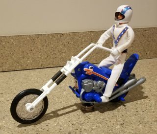 Vintage Evel Knievel Figure And Blue Chopper Motorcycle